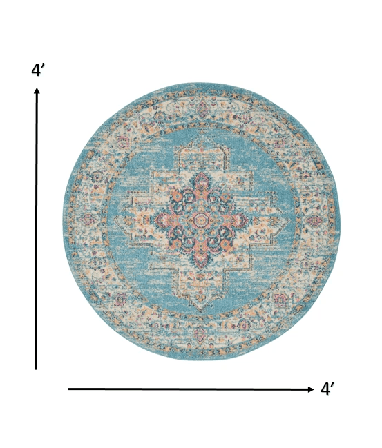 4' Light Blue Round Southwestern Power Loom Area Rug - Homeroots - Flyclothing LLC