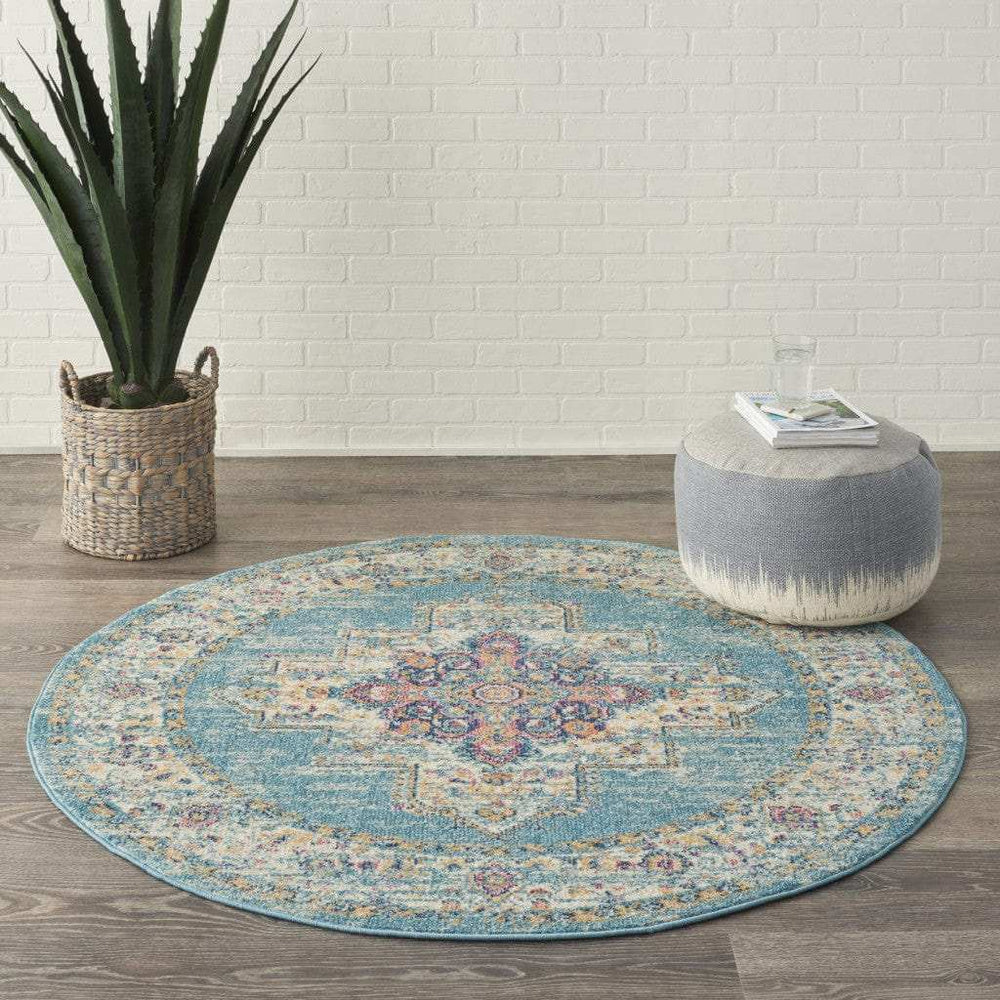 5' Light Blue Round Southwestern Power Loom Area Rug - Homeroots - Flyclothing LLC