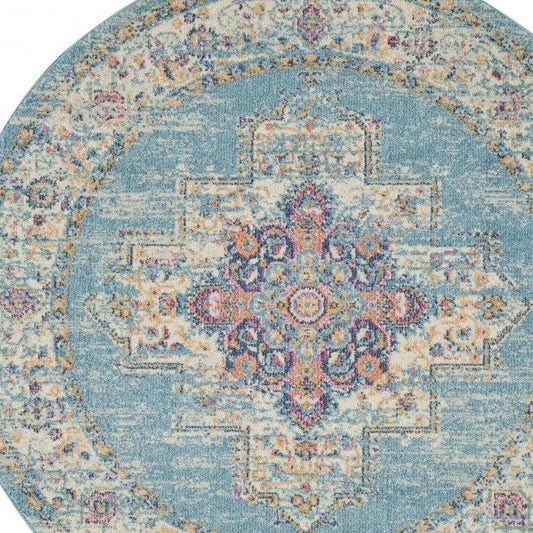 5' Light Blue Round Southwestern Power Loom Area Rug - Homeroots - Flyclothing LLC
