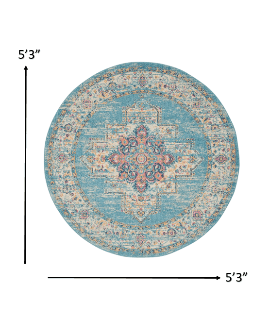 5' Light Blue Round Southwestern Power Loom Area Rug - Homeroots - Flyclothing LLC
