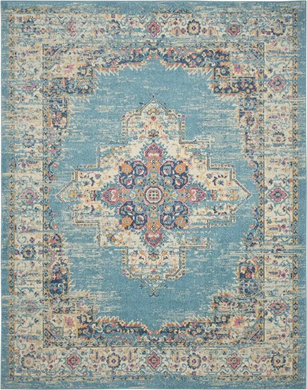 7' X 10' Blue and Ivory Medallion Power Loom Distressed Area Rug - Homeroots - Flyclothing LLC