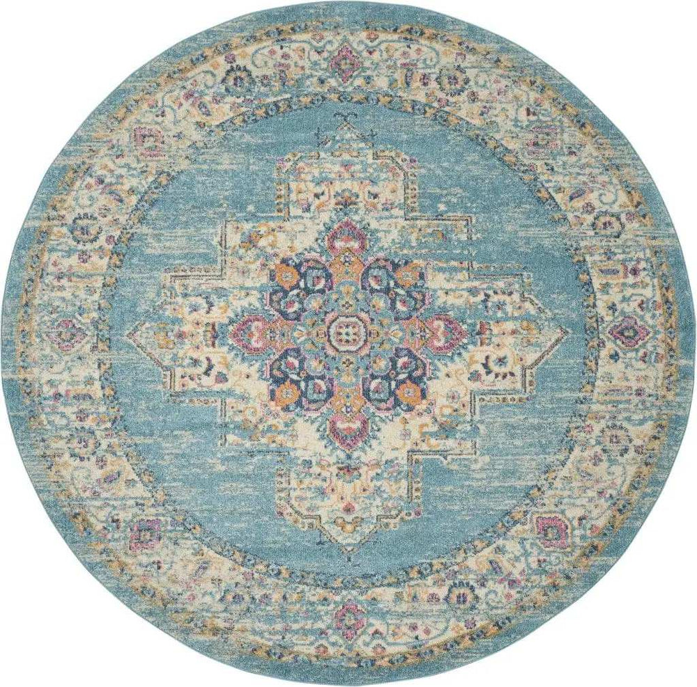 8' Light Blue Round Southwestern Power Loom Area Rug - Homeroots - Flyclothing LLC