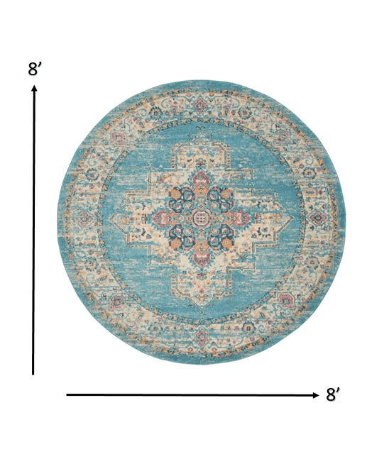 8' Light Blue Round Southwestern Power Loom Area Rug - Homeroots - Flyclothing LLC