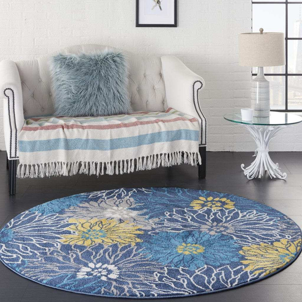 5' Blue Round Floral Power Loom Area Rug - Homeroots - Flyclothing LLC