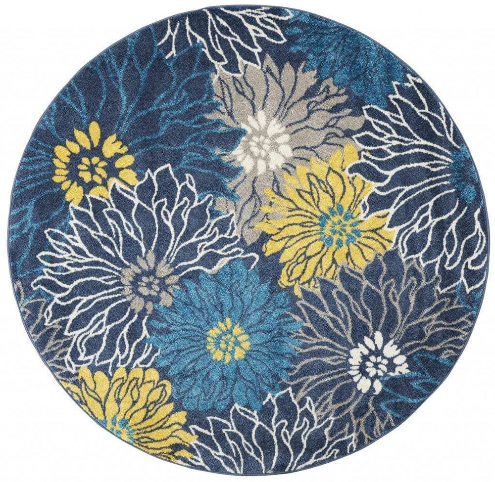 5' Blue Round Floral Power Loom Area Rug - Homeroots - Flyclothing LLC