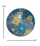 5' Blue Round Floral Power Loom Area Rug - Homeroots - Flyclothing LLC