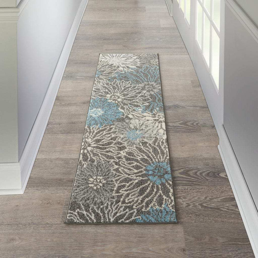 6' Blue And Gray Floral Power Loom Runner Rug - Homeroots - Flyclothing LLC