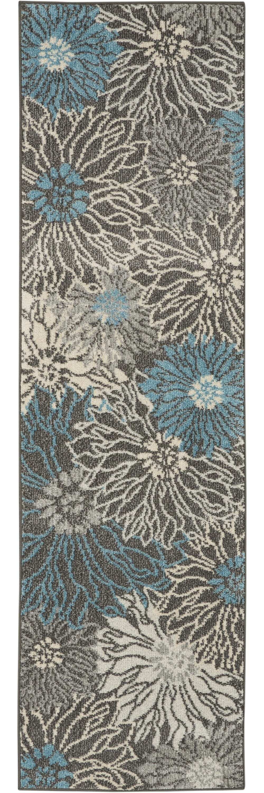 8' Blue And Gray Floral Power Loom Runner Rug - Homeroots - Flyclothing LLC