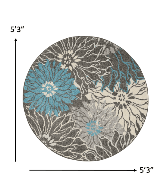 5' Blue And Gray Round Floral Power Loom Area Rug - Homeroots - Flyclothing LLC