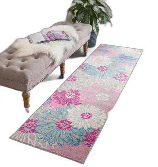 8' Gray Floral Dhurrie Runner Rug - Homeroots - Flyclothing LLC