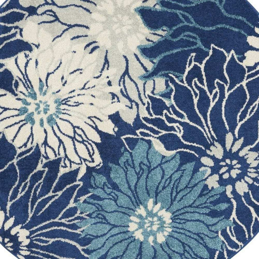 4' Blue And Ivory Round Floral Dhurrie Area Rug - Homeroots - Flyclothing LLC