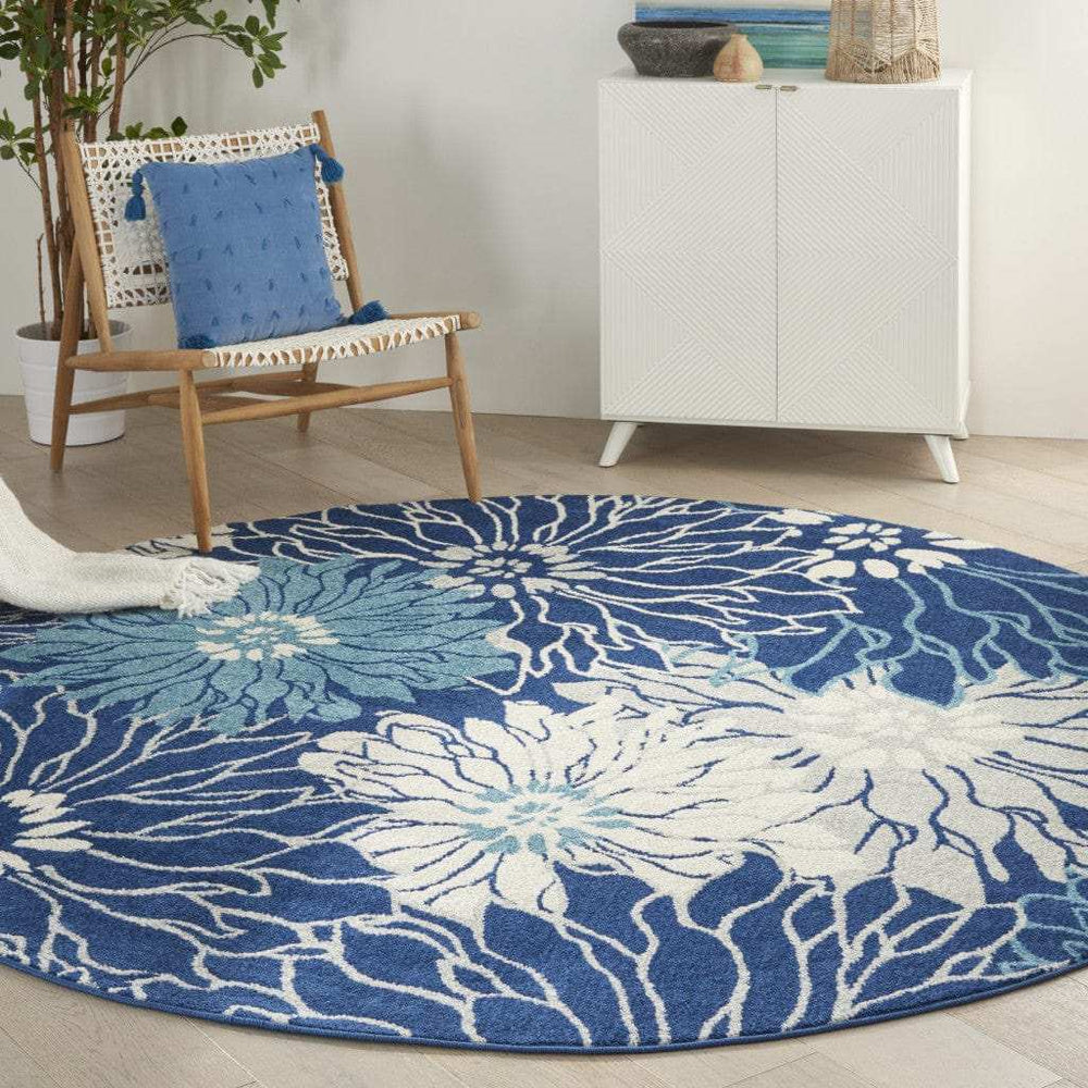 8' Blue And Ivory Round Floral Dhurrie Area Rug - Homeroots - Flyclothing LLC