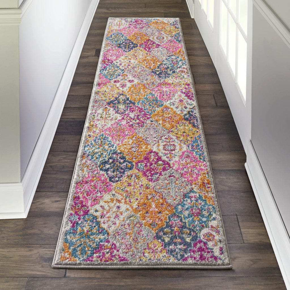8' Pink And Gray Geometric Dhurrie Runner Rug - Homeroots - Flyclothing LLC