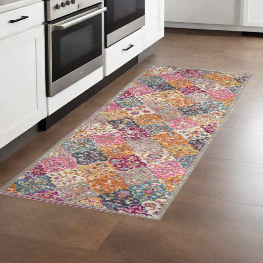 8' Pink And Gray Geometric Dhurrie Runner Rug - Homeroots - Flyclothing LLC