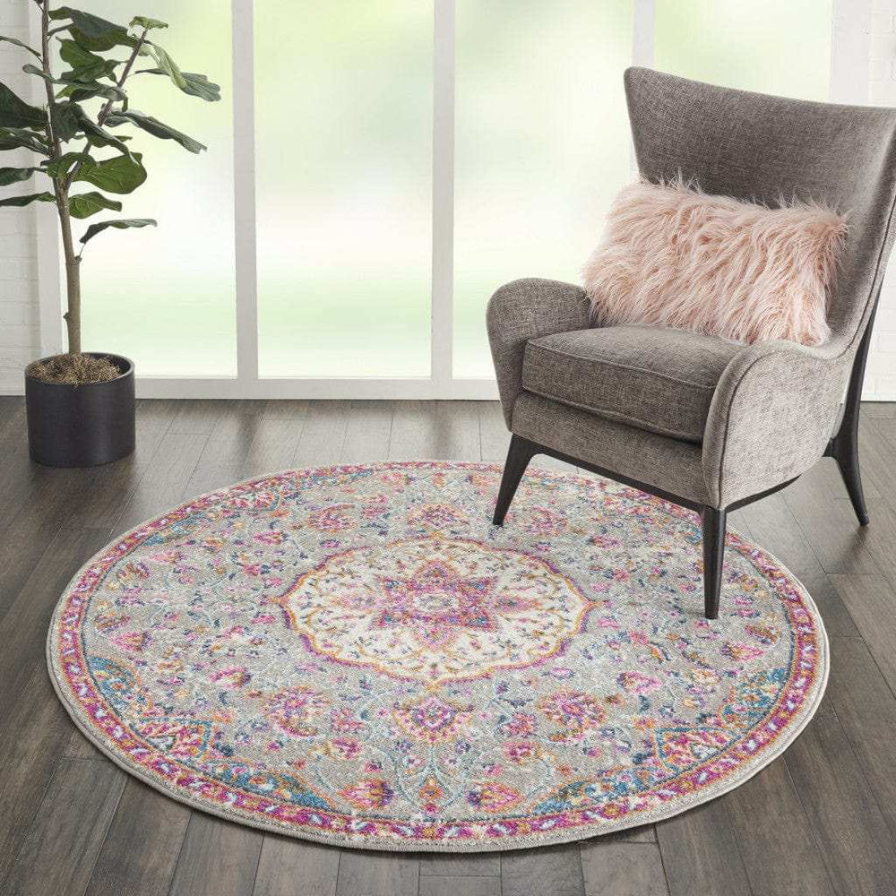 5' Gray and Pink Round Medallion Power Loom Area Rug - Homeroots - Flyclothing LLC