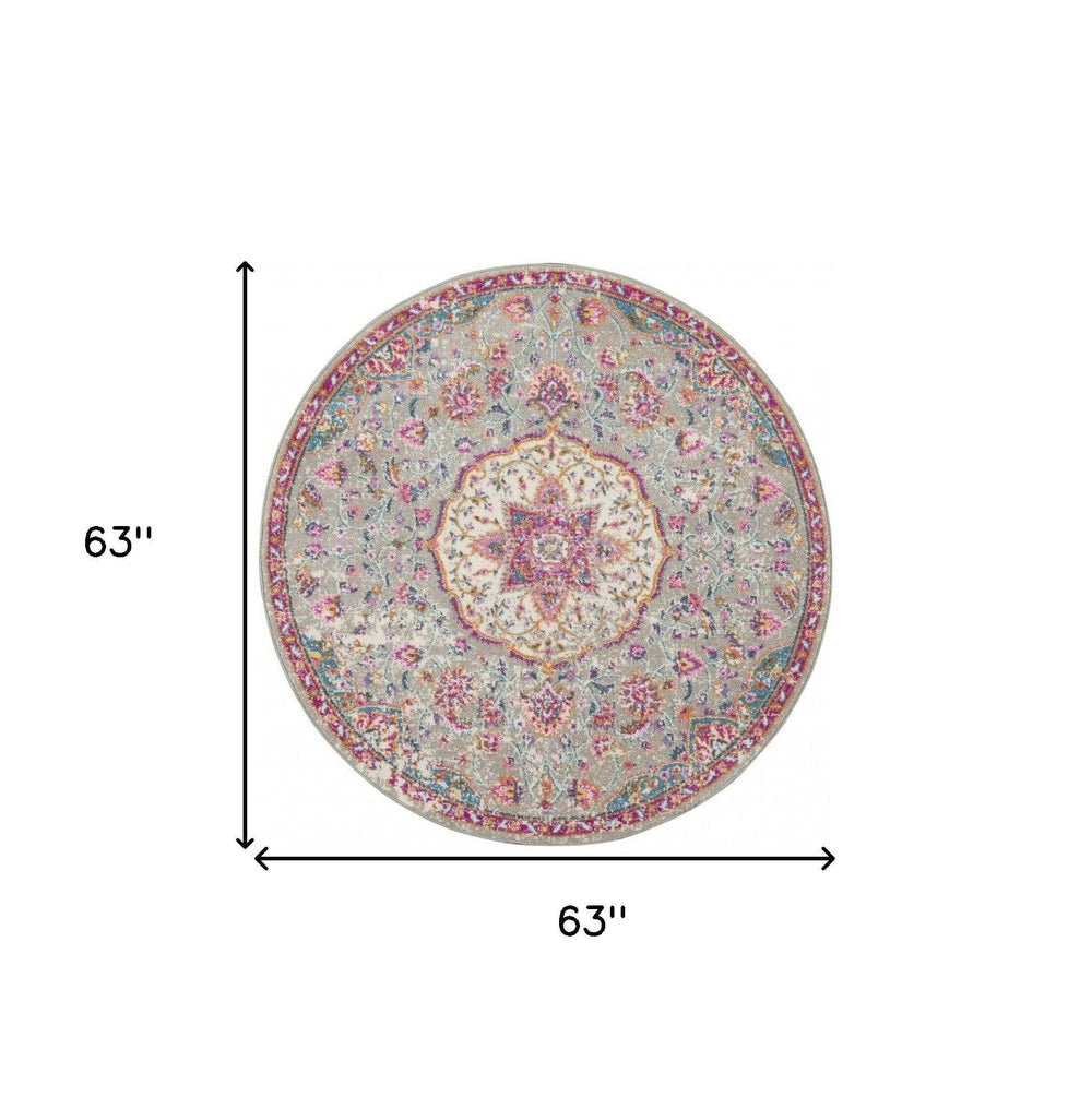 5' Gray and Pink Round Medallion Power Loom Area Rug - Homeroots - Flyclothing LLC