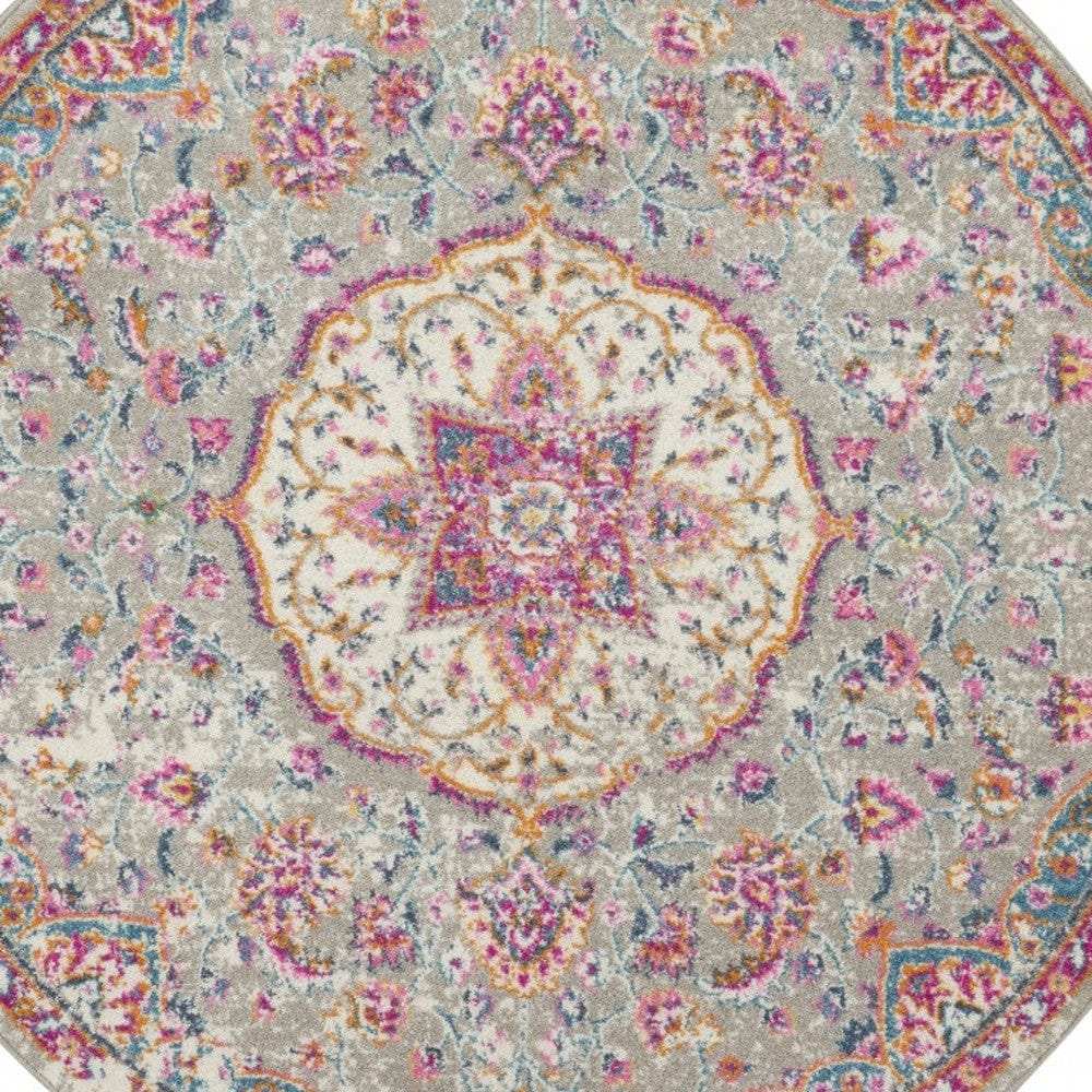 5' Gray and Pink Round Medallion Power Loom Area Rug - Homeroots - Flyclothing LLC