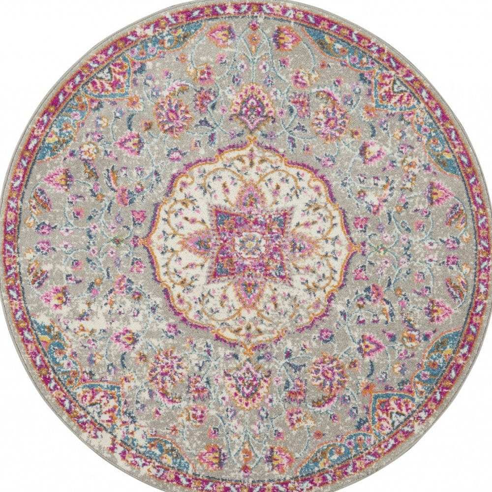5' Gray and Pink Round Medallion Power Loom Area Rug - Homeroots - Flyclothing LLC