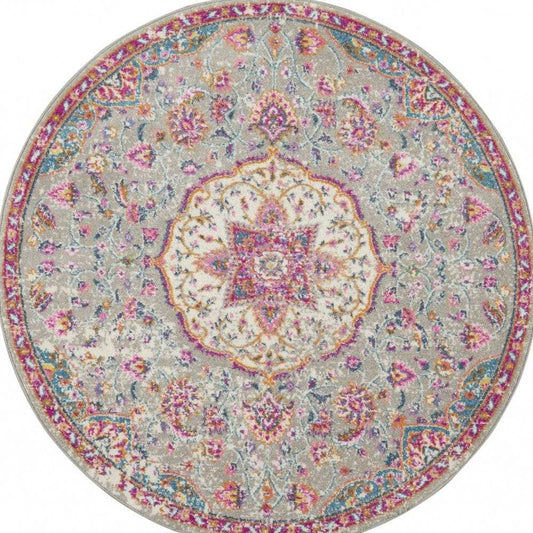 5' Gray and Pink Round Medallion Power Loom Area Rug - Homeroots - Flyclothing LLC