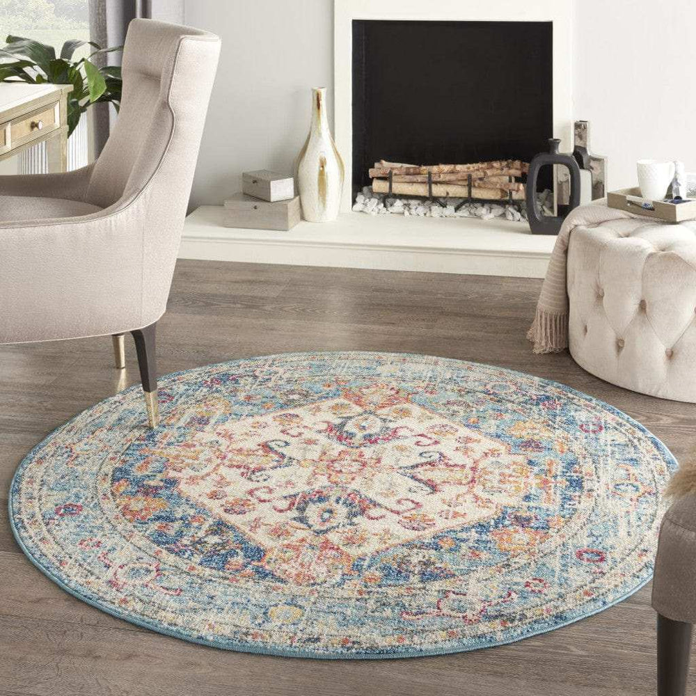 5' Blue And Ivory Round Power Loom Area Rug - Homeroots - Flyclothing LLC