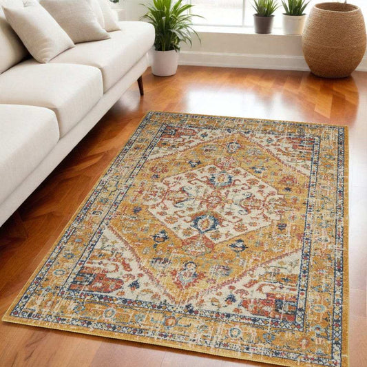 5' X 7' Ivory and Yellow Center Medallion Area Rug - Homeroots - Flyclothing LLC