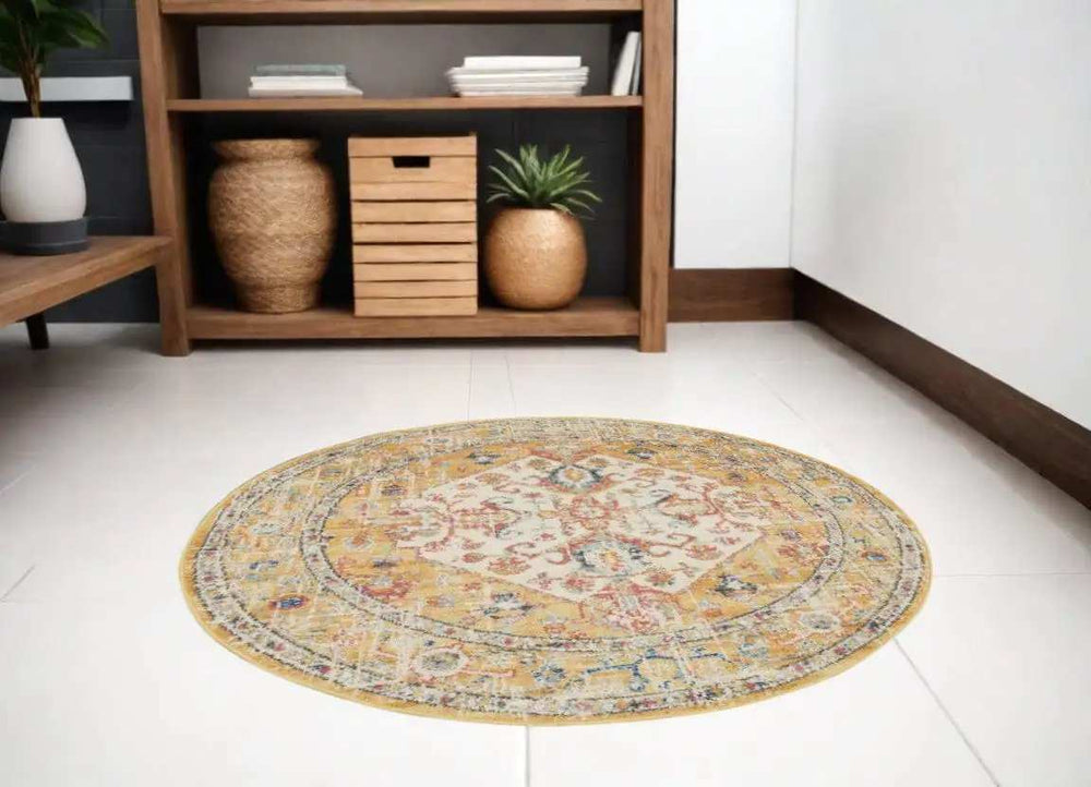 5' Yellow and Ivory Round Floral Medallion Shag Area Rug - Homeroots - Flyclothing LLC