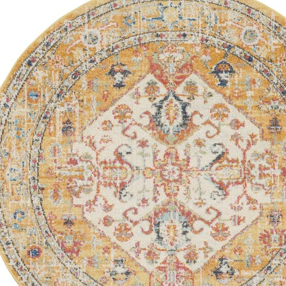 5' Yellow and Ivory Round Floral Medallion Shag Area Rug - Homeroots - Flyclothing LLC