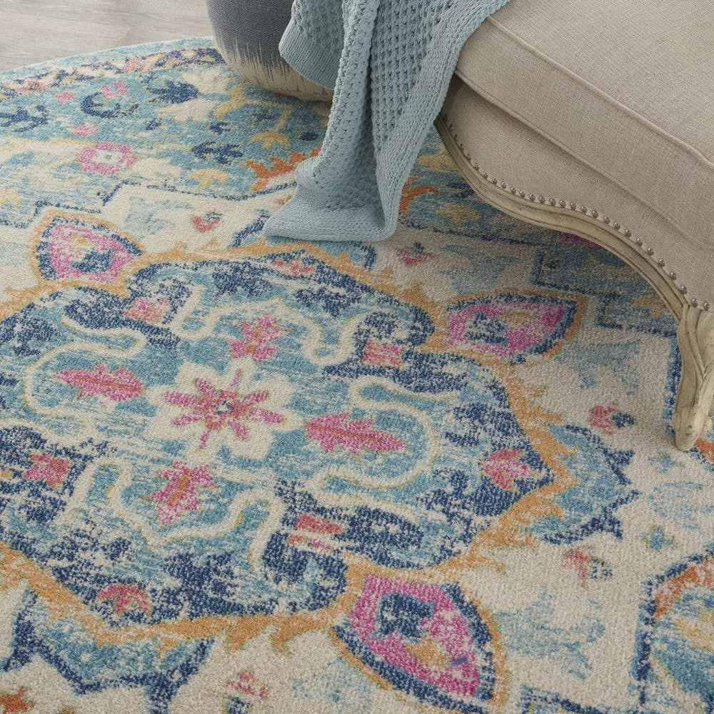 8' Blue And Ivory Round Dhurrie Area Rug - Homeroots - Flyclothing LLC