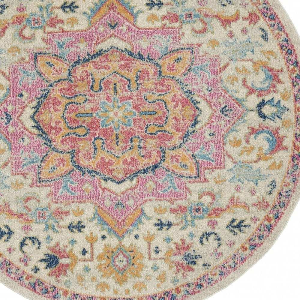 5' Pink And Ivory Round Southwestern Dhurrie Area Rug - Homeroots - Flyclothing LLC