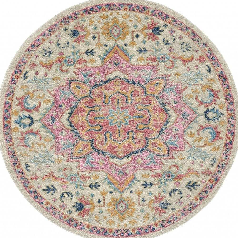 5' Pink And Ivory Round Southwestern Dhurrie Area Rug - Homeroots - Flyclothing LLC