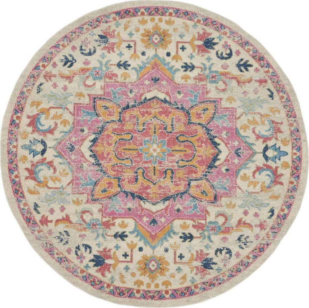 8' Pink And Ivory Round Southwestern Dhurrie Area Rug - Homeroots - Flyclothing LLC