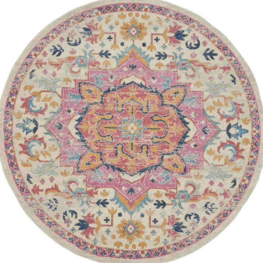 8' Pink And Ivory Round Southwestern Dhurrie Area Rug - Homeroots - Flyclothing LLC