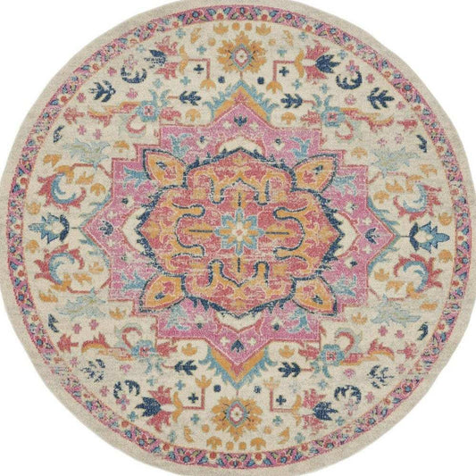 8' Pink And Ivory Round Southwestern Dhurrie Area Rug - Homeroots - Flyclothing LLC