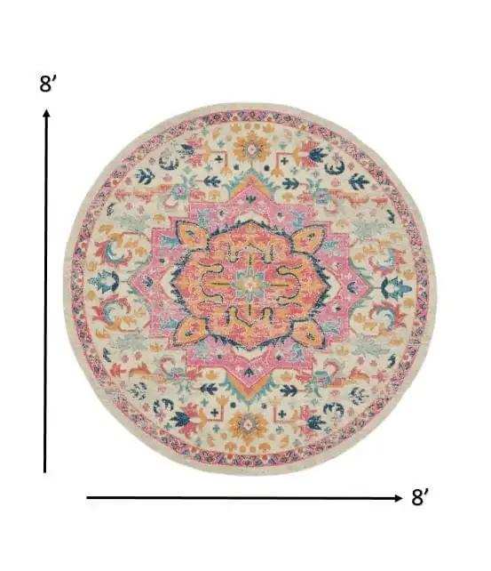 8' Pink And Ivory Round Southwestern Dhurrie Area Rug - Homeroots - Flyclothing LLC