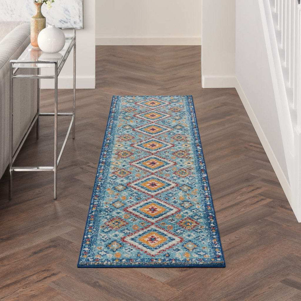 8' Blue And Orange Geometric Dhurrie Runner Rug - Homeroots - Flyclothing LLC