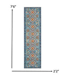 8' Blue And Orange Geometric Dhurrie Runner Rug - Homeroots - Flyclothing LLC