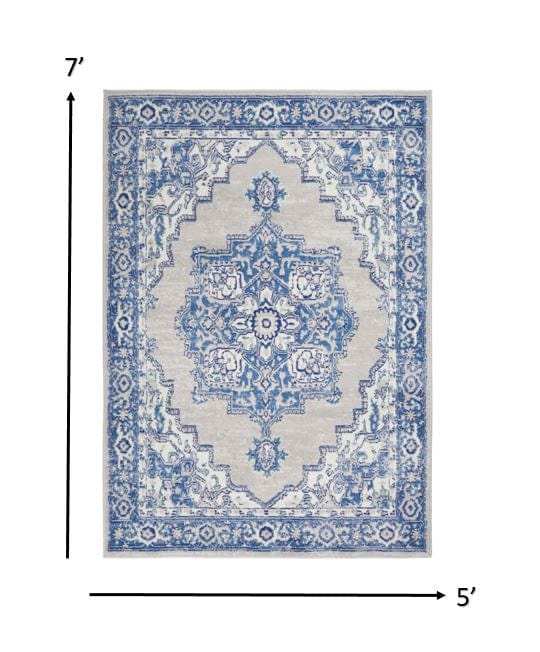 5' X 7' Blue Gray Floral Dhurrie Area Rug - Homeroots - Flyclothing LLC