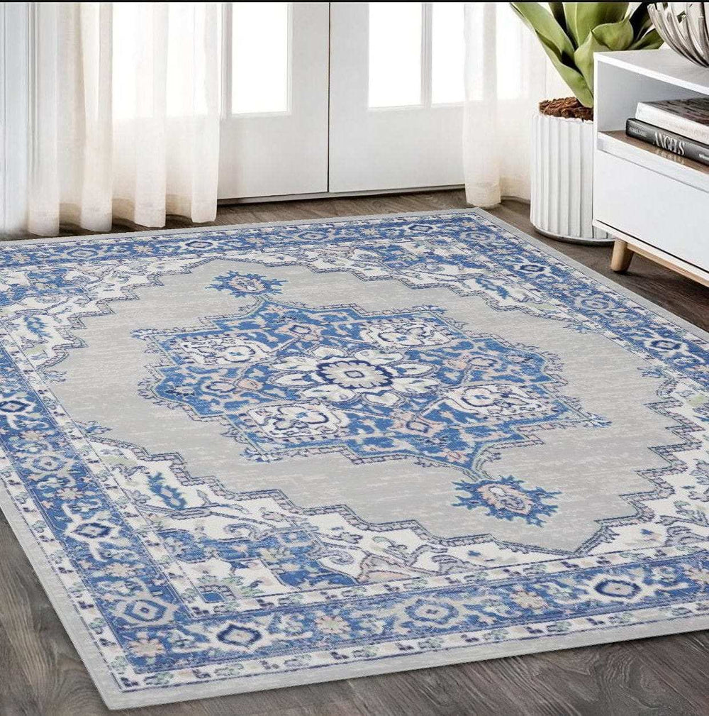 5' X 7' Blue Gray Floral Dhurrie Area Rug - Homeroots - Flyclothing LLC