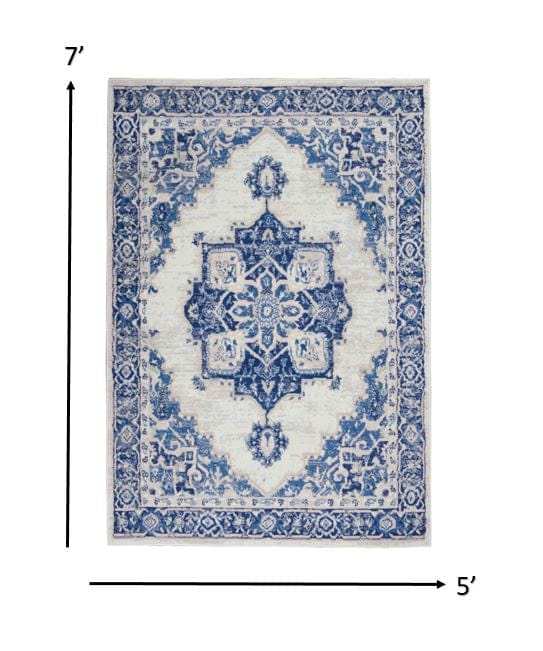 5' X 7' Blue And Ivory Floral Dhurrie Area Rug - Homeroots - Flyclothing LLC