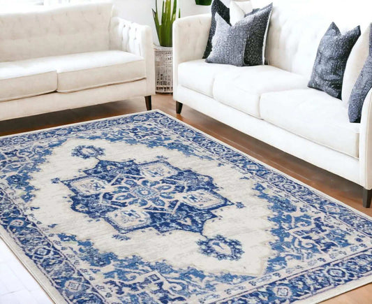 5' X 7' Blue And Ivory Floral Dhurrie Area Rug - Homeroots - Flyclothing LLC