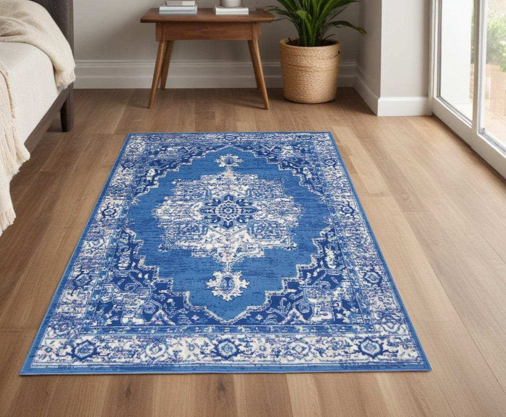 4' X 6' Navy Blue Floral Dhurrie Area Rug - Homeroots - Flyclothing LLC