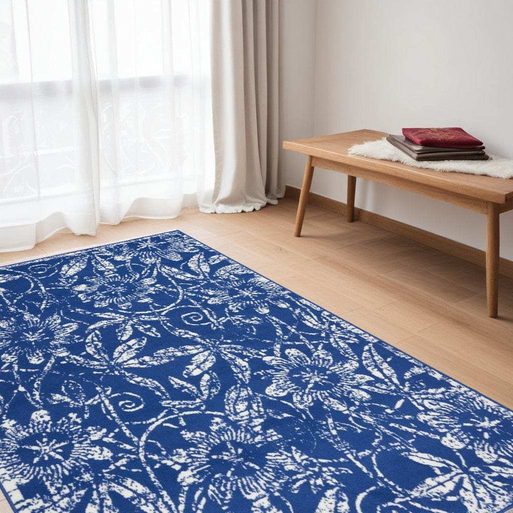5' X 7' Navy Blue Floral Dhurrie Area Rug - Homeroots - Flyclothing LLC