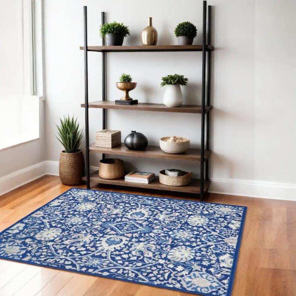 4' X 6' Navy Blue Floral Dhurrie Area Rug - Homeroots - Flyclothing LLC