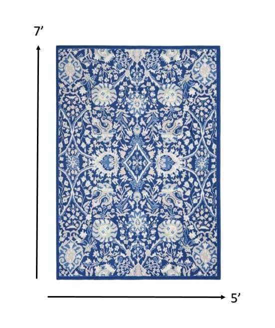 5' X 7' Navy Blue Floral Dhurrie Area Rug - Homeroots - Flyclothing LLC
