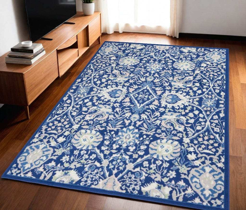 5' X 7' Navy Blue Floral Dhurrie Area Rug - Homeroots - Flyclothing LLC