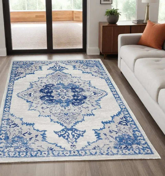 5' X 7' Navy Blue Floral Dhurrie Area Rug - Homeroots - Flyclothing LLC