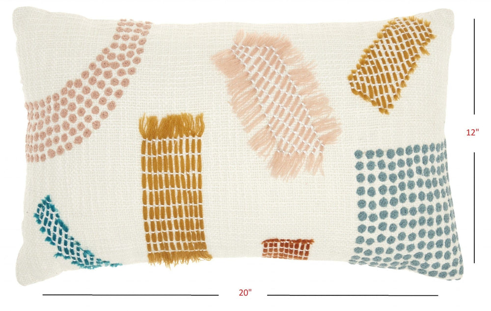 12" X 20" Beige Blue and Ivory Geometric Cotton Throw Pillow With Textured Appliques - Homeroots - Flyclothing LLC