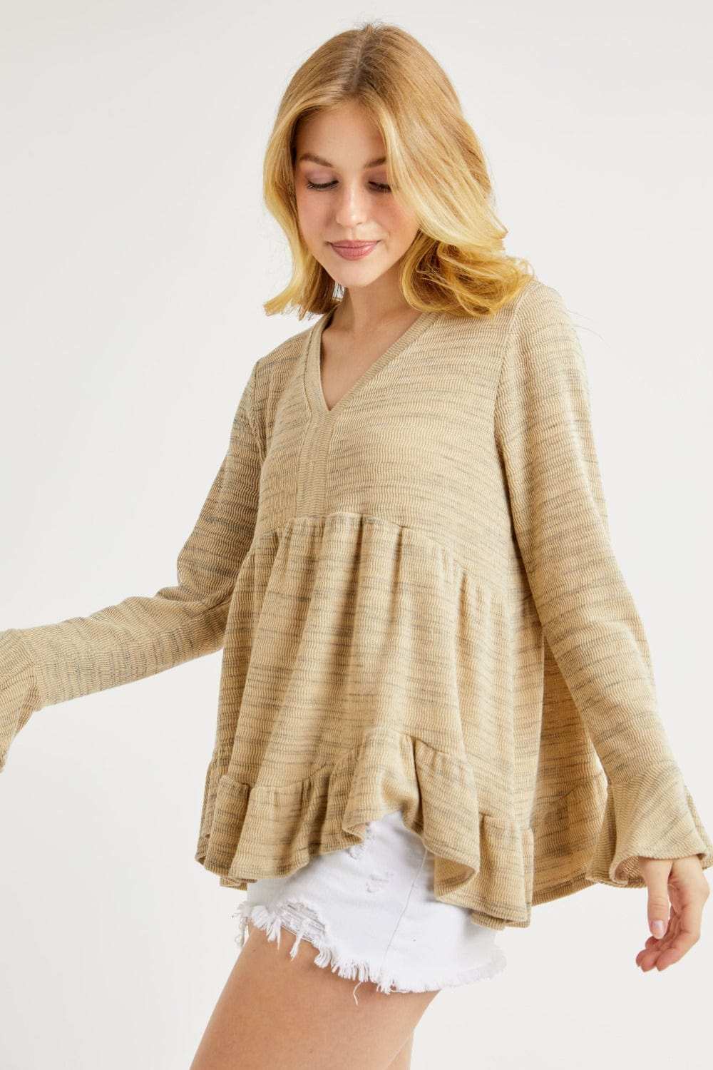Hailey & Co V-Neck Flounce Sleeve Knit Top - Trendsi - Flyclothing LLC