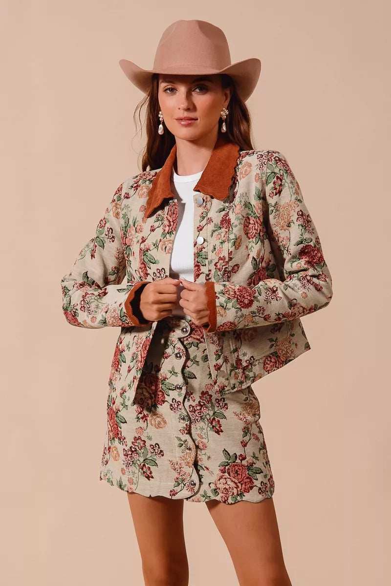 SO ME Floral Jacquard Button Front Mini Skirt with Scall - Trendsi - Flyclothing LLC