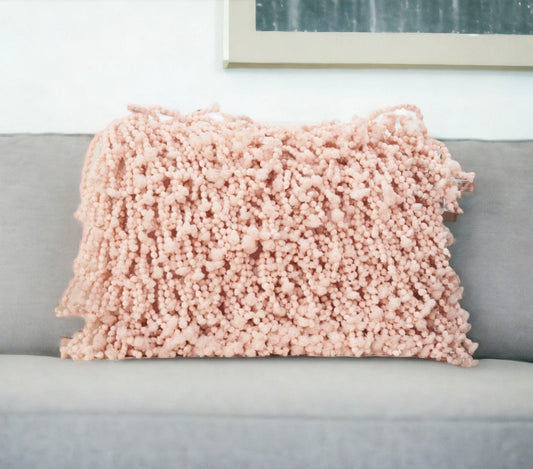 14" X 20" Pale Pink Shaggy Beads Lumbar Throw Pillow - Homeroots
